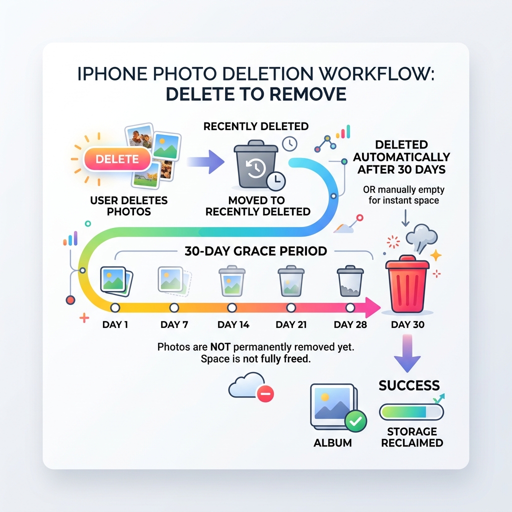 30-day iPhone photo deletion workflow from delete to permanently removed - bulk delete photos iphone infographic 