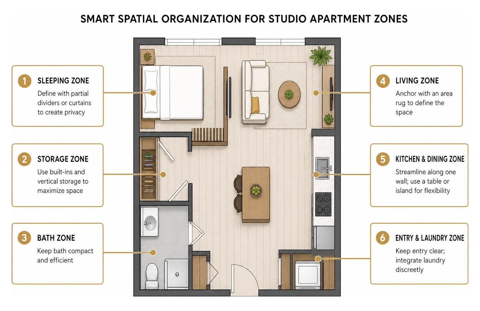 Diagram showing smart spatial organization techniques for studio apartment zones