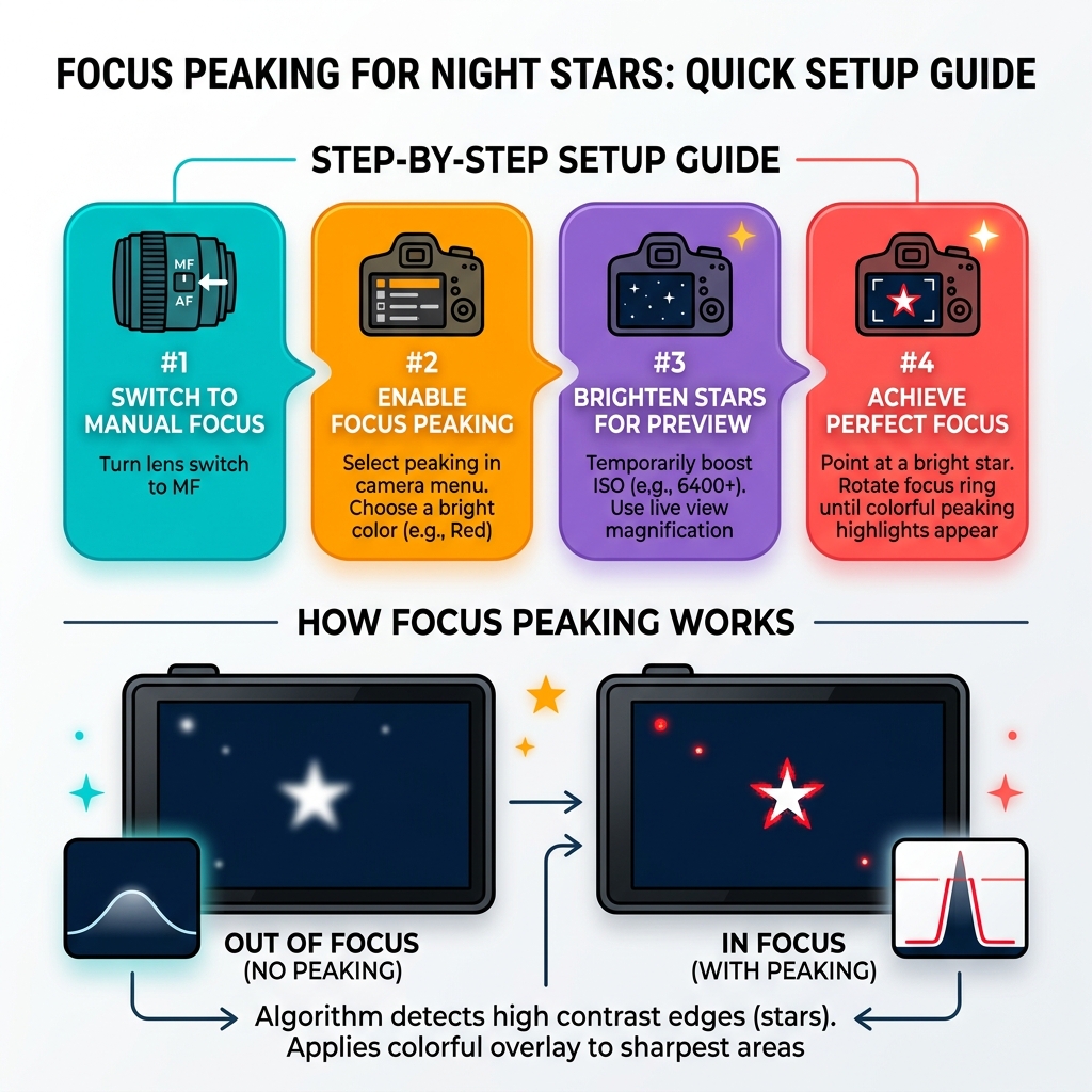 Infographic showing how focus peaking highlights contrast edges on stars in live view, step-by-step setup guide - focus