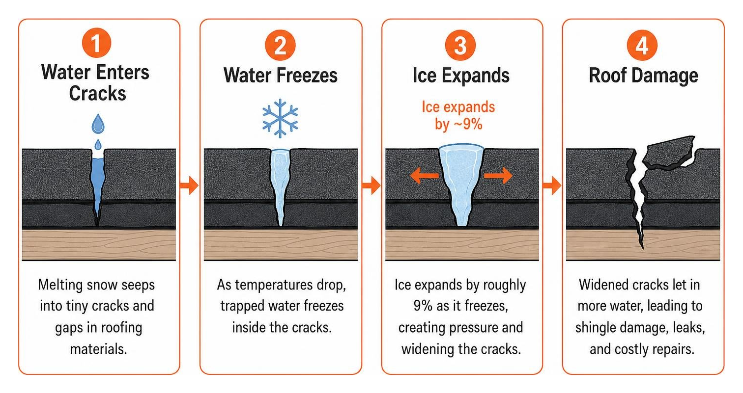 Step-by-step diagram showing water entering cracks, freezing, expanding, and damaging roofing