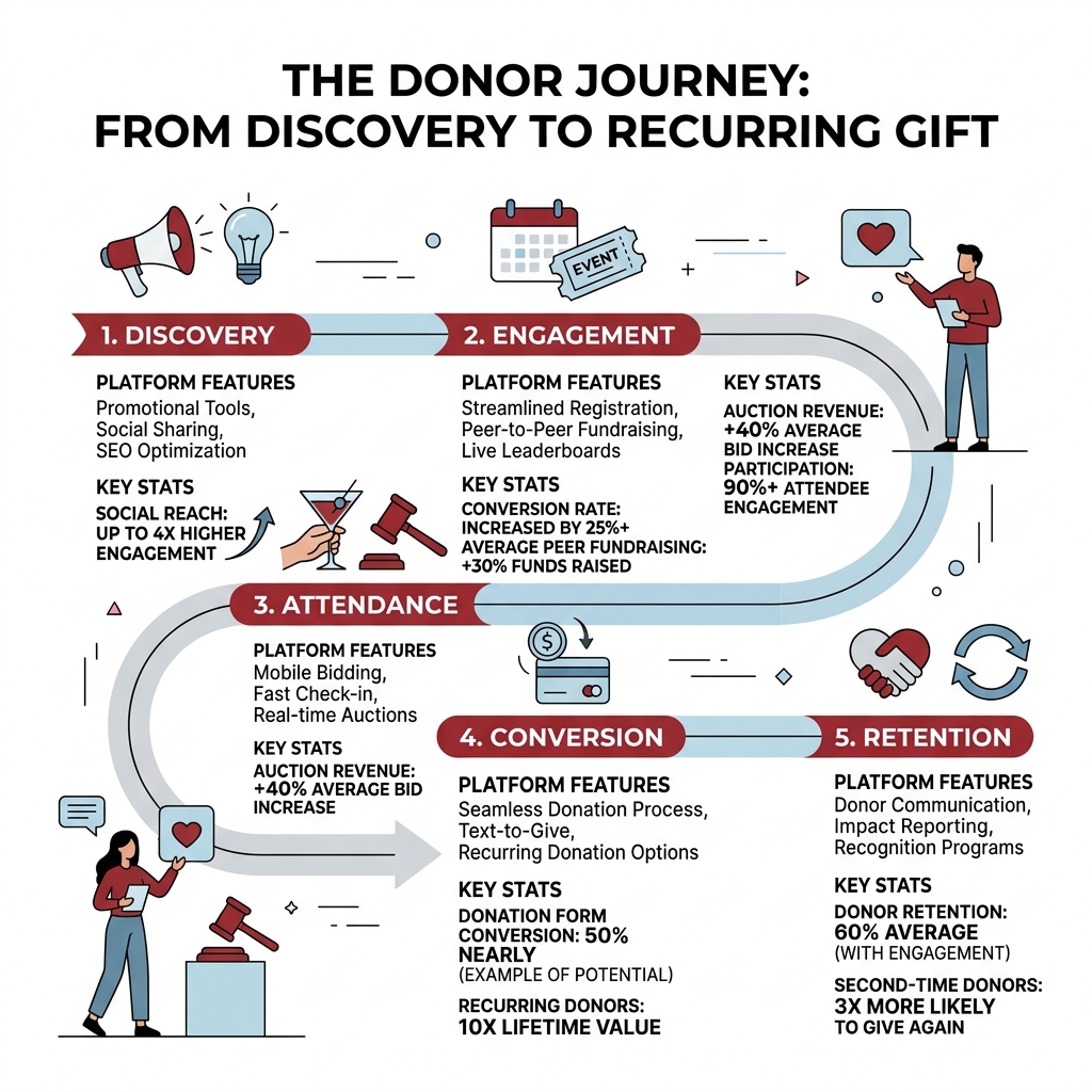 Infographic showing the donor journey from event discovery to recurring gift, including platform features and key stats Infographic showing the donor journey from event discovery to recurring gift, including platform features and key stats