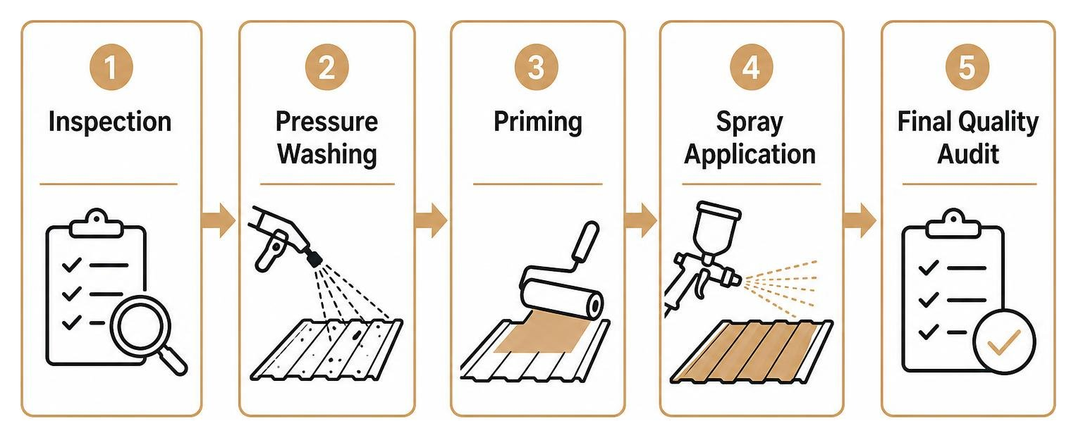 Commercial metal roof protection lifecycle: inspection, pressure washing, priming, spray application, final quality audit Commercial metal roof protection lifecycle: inspection, pressure washing, priming, spray application, final quality audit