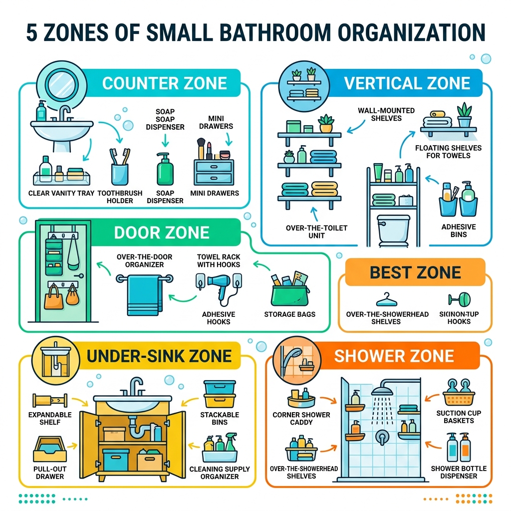 5 zones of small bathroom organization: counter, vertical, door, under-sink, shower - bathroom organizers for small spaces