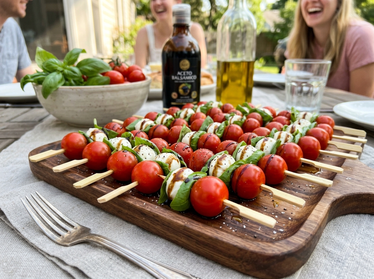 A platter of balsamic-drizzled Caprese skewers with bright red cherry tomatoes and white mozzarella pearls - appetizers with