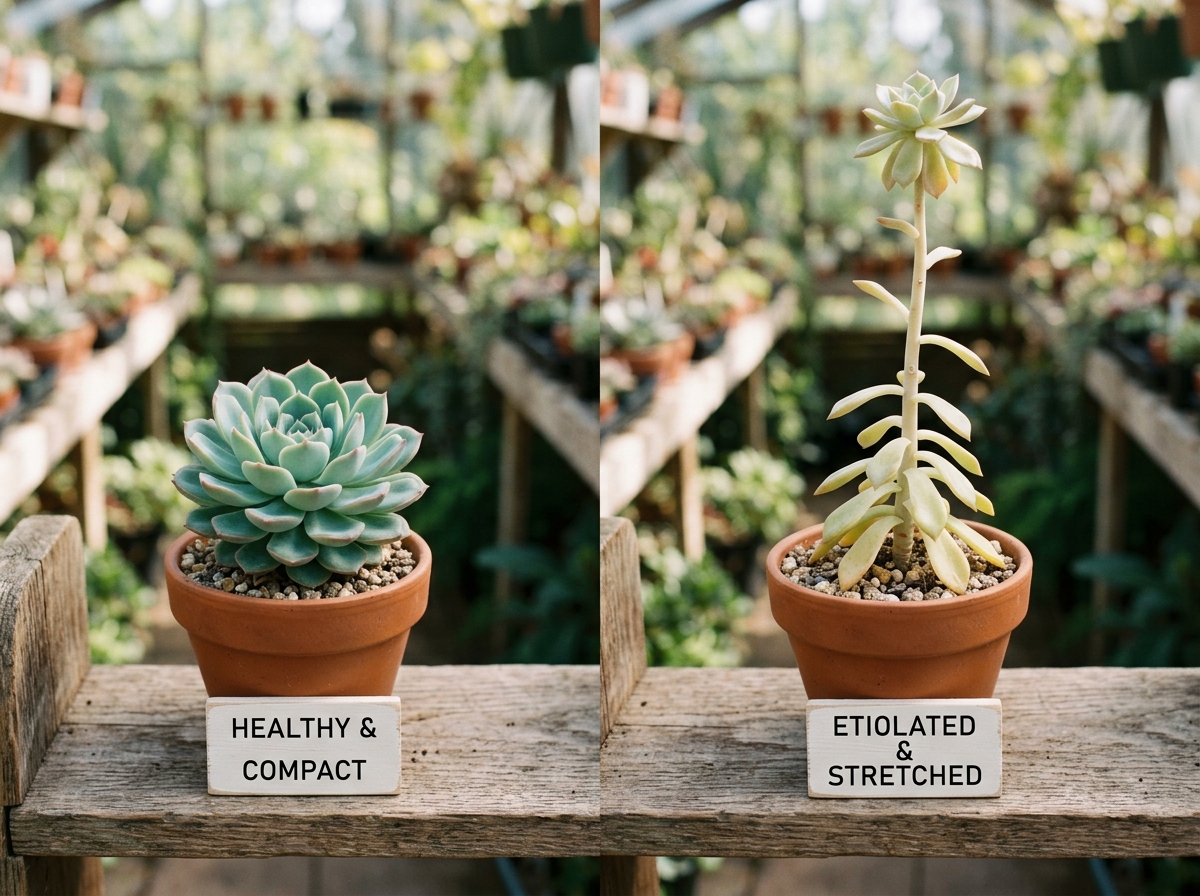comparison of healthy compact succulents vs. stretched etiolated plants - indoor succulent lighting