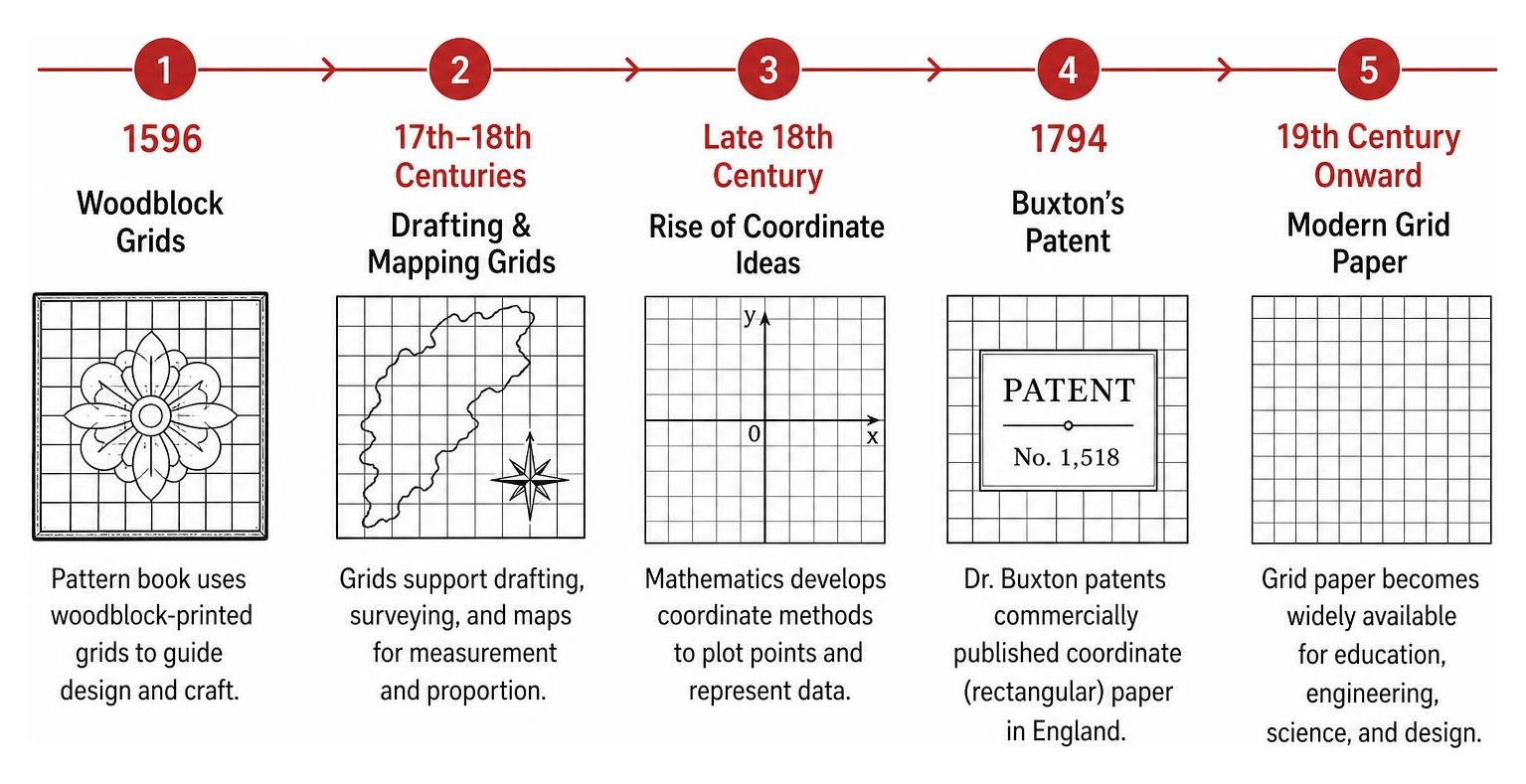 Historical development timeline of grid paper from woodblocks to coordinate patents Historical development timeline of grid paper from woodblocks to coordinate patents