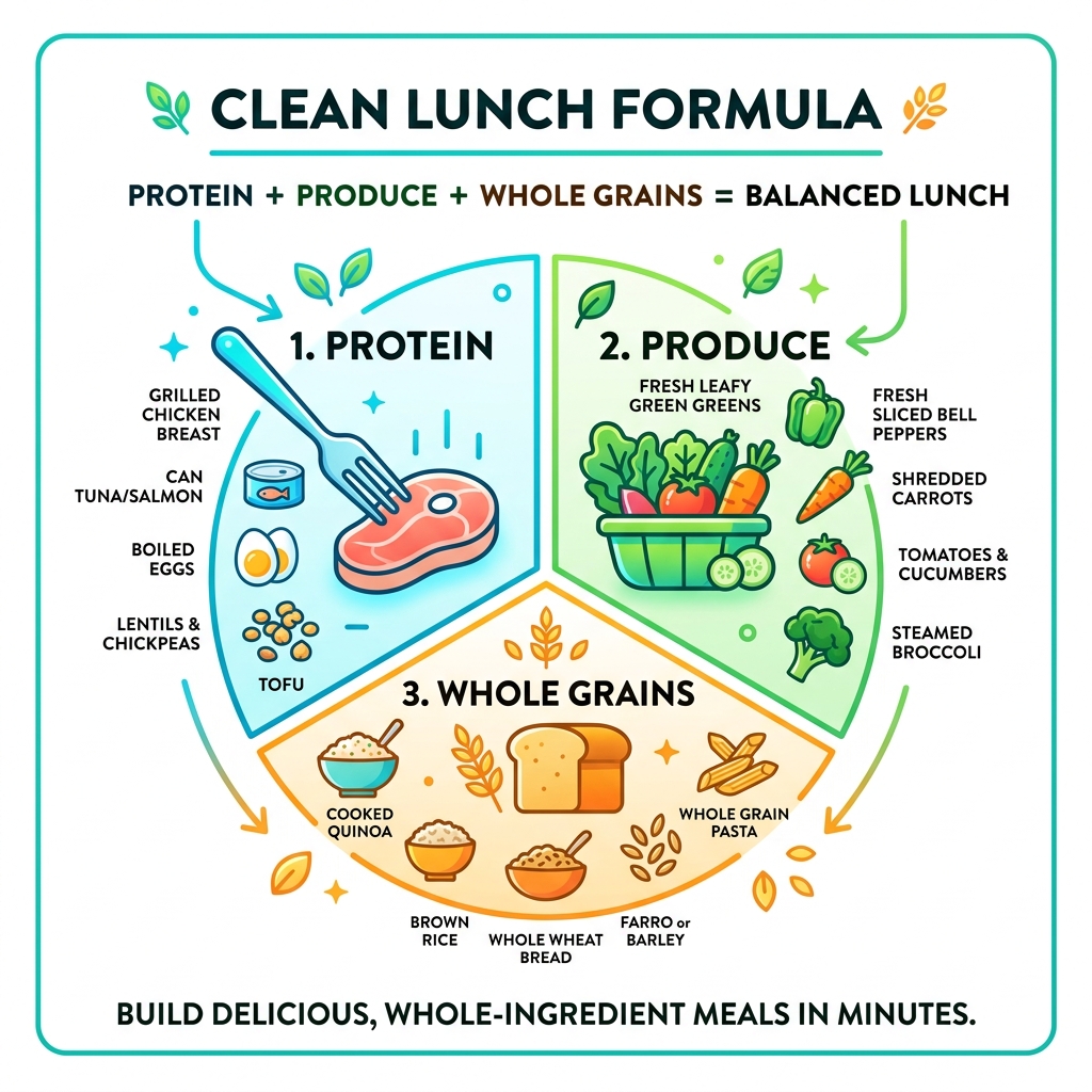 Infographic showing the Protein + Produce + Whole Grain clean lunch formula with examples - clean lunch recipes infographic Infographic showing the Protein + Produce + Whole Grain clean lunch formula with examples - clean lunch recipes infographic