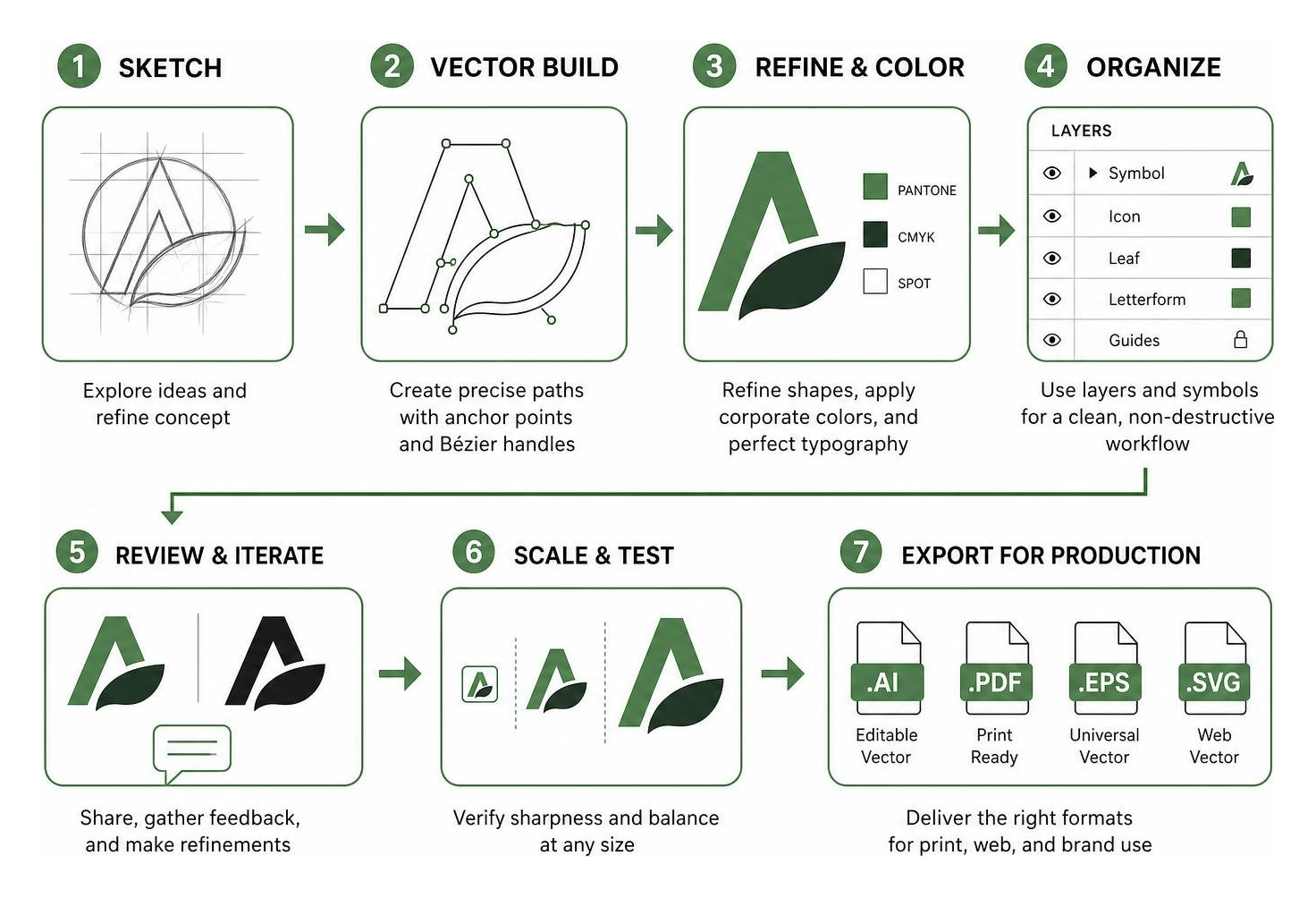 diagram showing the vector logo workflow from sketch to production export