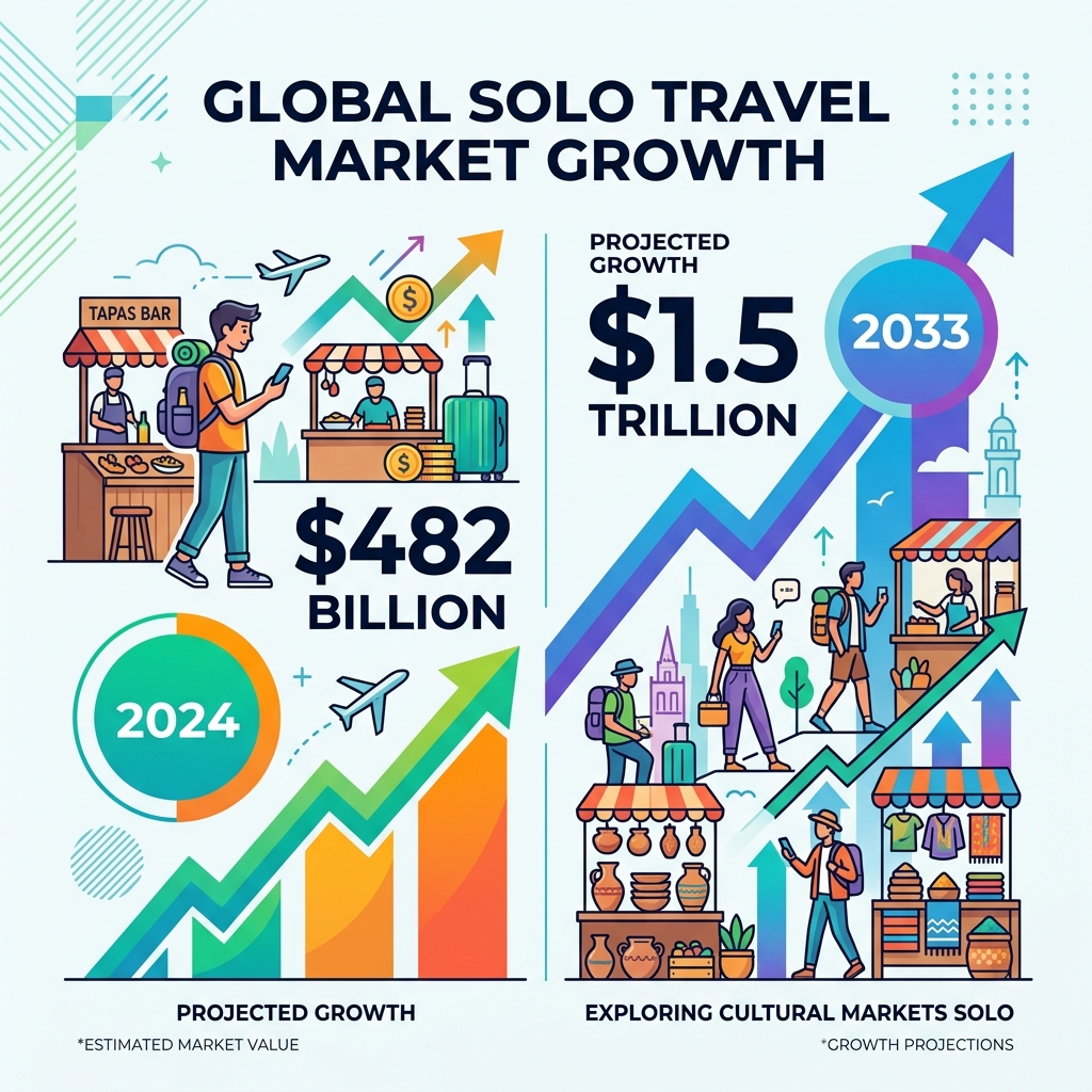 Global solo travel market growth infographic showing $482B in 2024 projecting to $1.5T by 2033 - solo traveler cultural