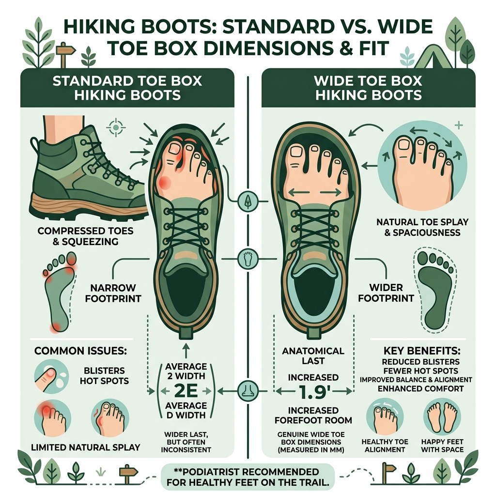 infographic comparing standard vs wide toe box hiking boot dimensions and key fit features - best wide toe box hiking boots infographic comparing standard vs wide toe box hiking boot dimensions and key fit features - best wide toe box hiking boots