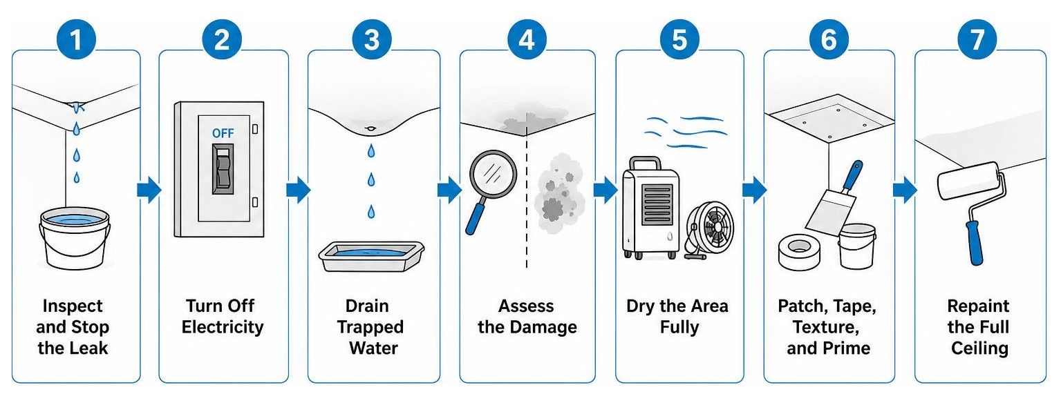 Step-by-step process diagram for inspecting, draining, replacing, and finishing wet ceiling drywall Step-by-step process diagram for inspecting, draining, replacing, and finishing wet ceiling drywall