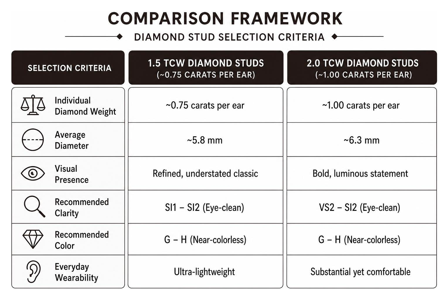 Comparison framework of diamond stud selection criteria