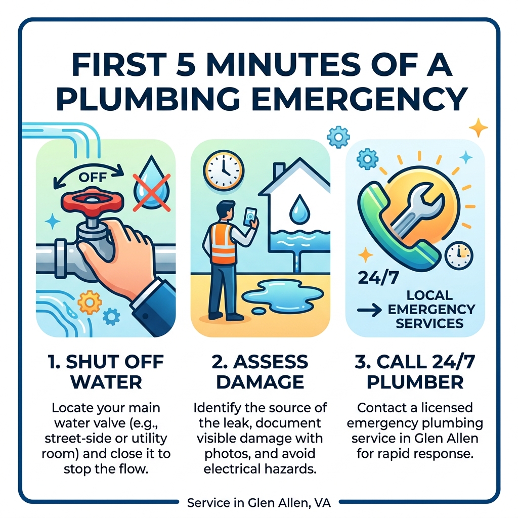 Infographic: First 5 minutes of a plumbing emergency in Glen Allen VA — shut off water, assess damage, call 24/7 plumber Infographic: First 5 minutes of a plumbing emergency in Glen Allen VA — shut off water, assess damage, call 24/7 plumber