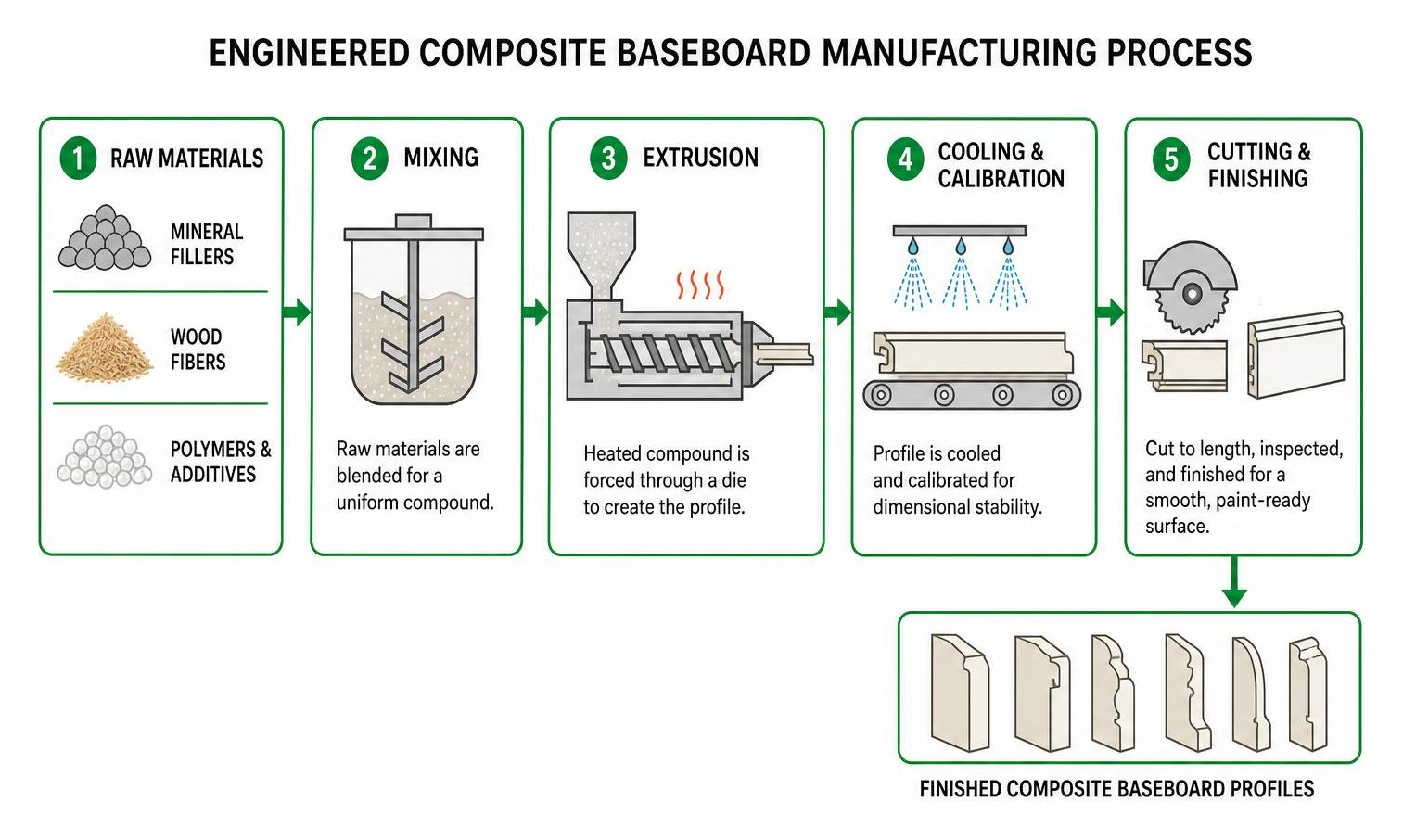 Engineered composite baseboard manufacturing process showing raw minerals, polymers, and extrusion into finished profiles