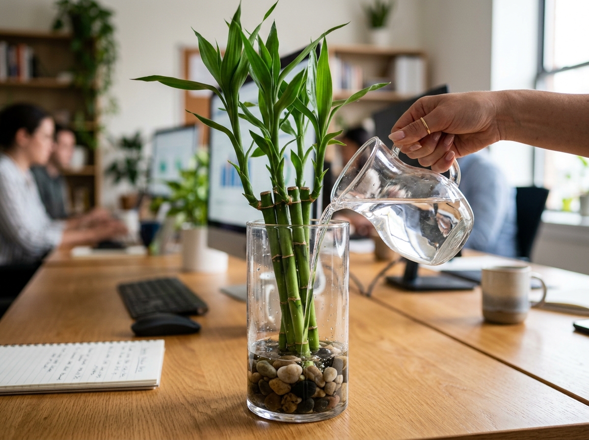 refreshing the water in a lucky bamboo office vase - how to take care of bamboo plant in office