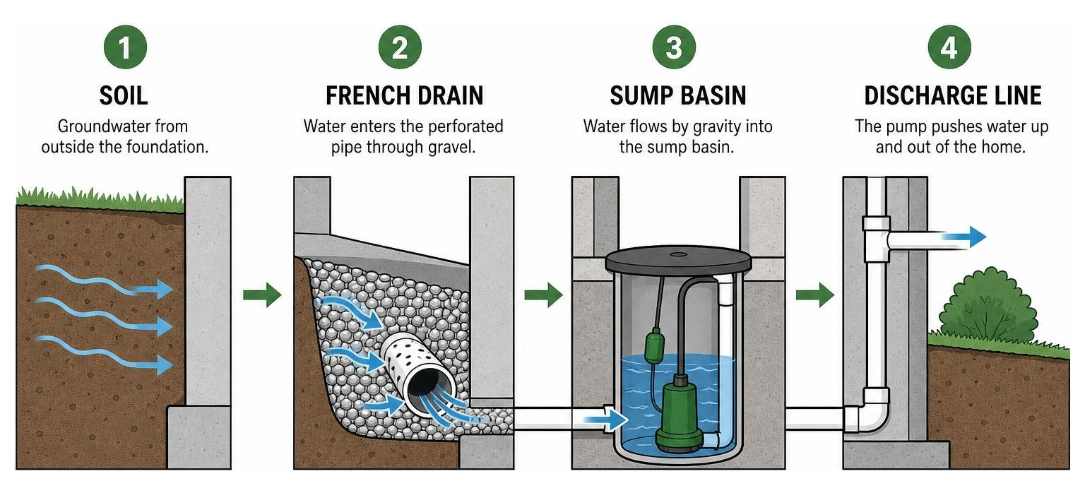 Process diagram showing how water flows from soil to French drain to sump basin to discharge line