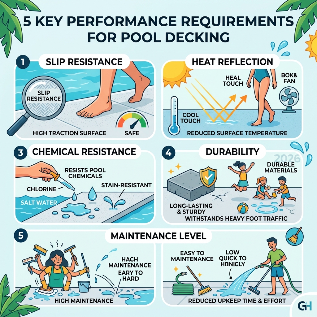 Infographic showing 5 key performance requirements for pool decking: slip resistance, heat reflection, chemical resistance Infographic showing 5 key performance requirements for pool decking: slip resistance, heat reflection, chemical resistance