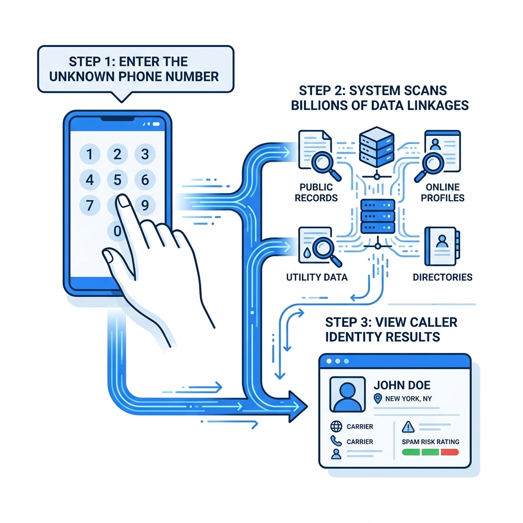 infographic showing reverse phone lookup process from number input to caller identity results - reverse phone lookup infographic showing reverse phone lookup process from number input to caller identity results - reverse phone lookup
