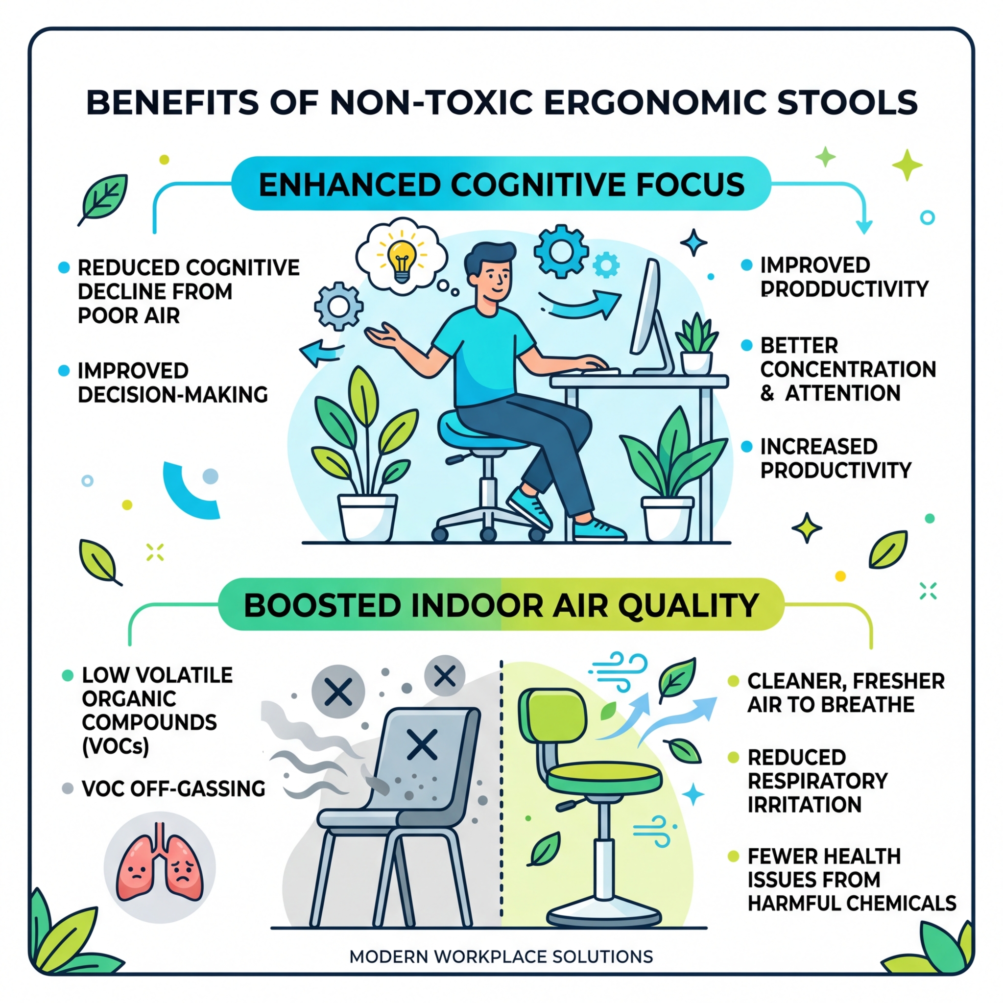 Infographic showing benefits of non-toxic ergonomic office stools for cognitive focus and indoor air quality - non-toxic