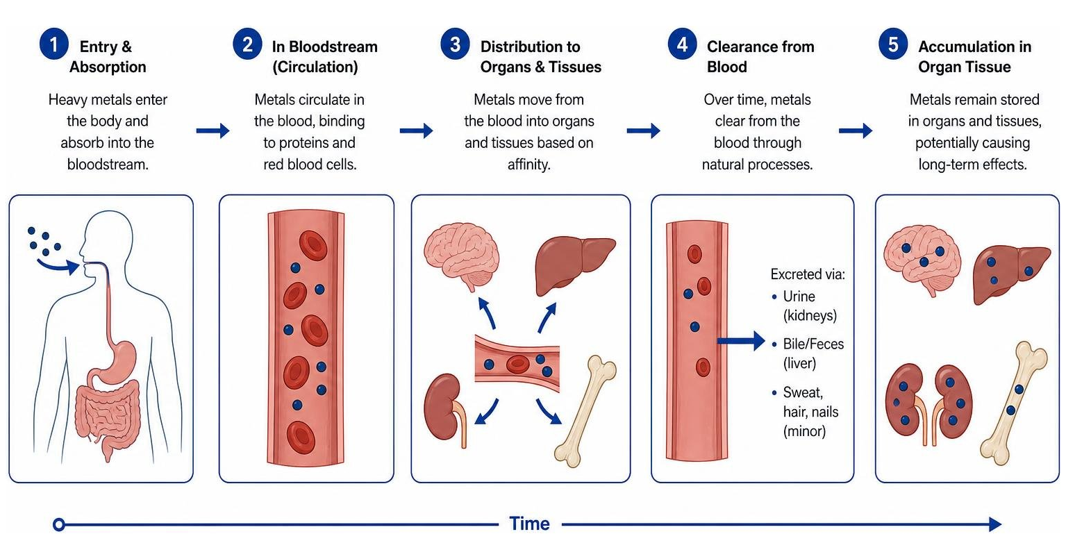 Diagram showing how heavy metals clear the bloodstream and accumulate in organ tissue over time Diagram showing how heavy metals clear the bloodstream and accumulate in organ tissue over time