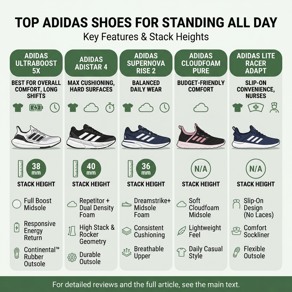infographic showing top adidas shoes for standing all day with stack heights and key features - best adidas shoe for