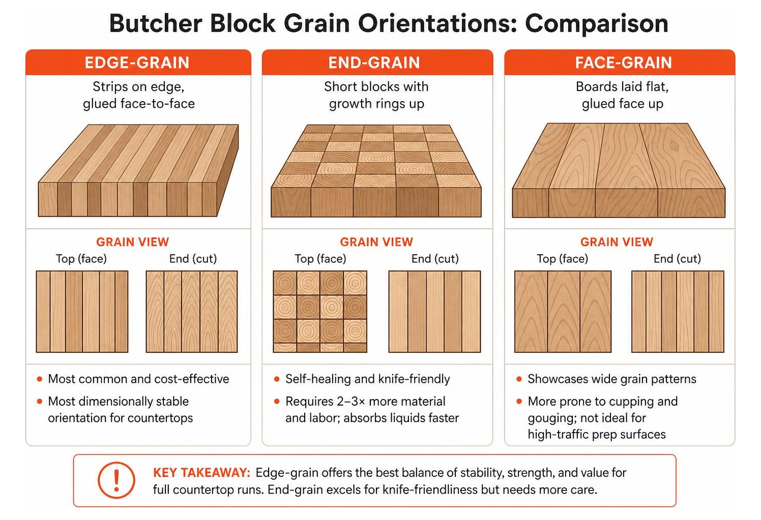 Comparison of butcher block grain orientations showing face edge and end grain structures
