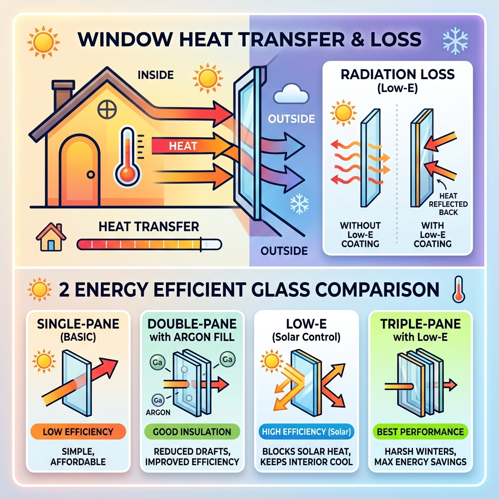 Infographic showing window heat transfer, radiation loss, and energy efficient glass types comparison - energy efficient Infographic showing window heat transfer, radiation loss, and energy efficient glass types comparison - energy efficient