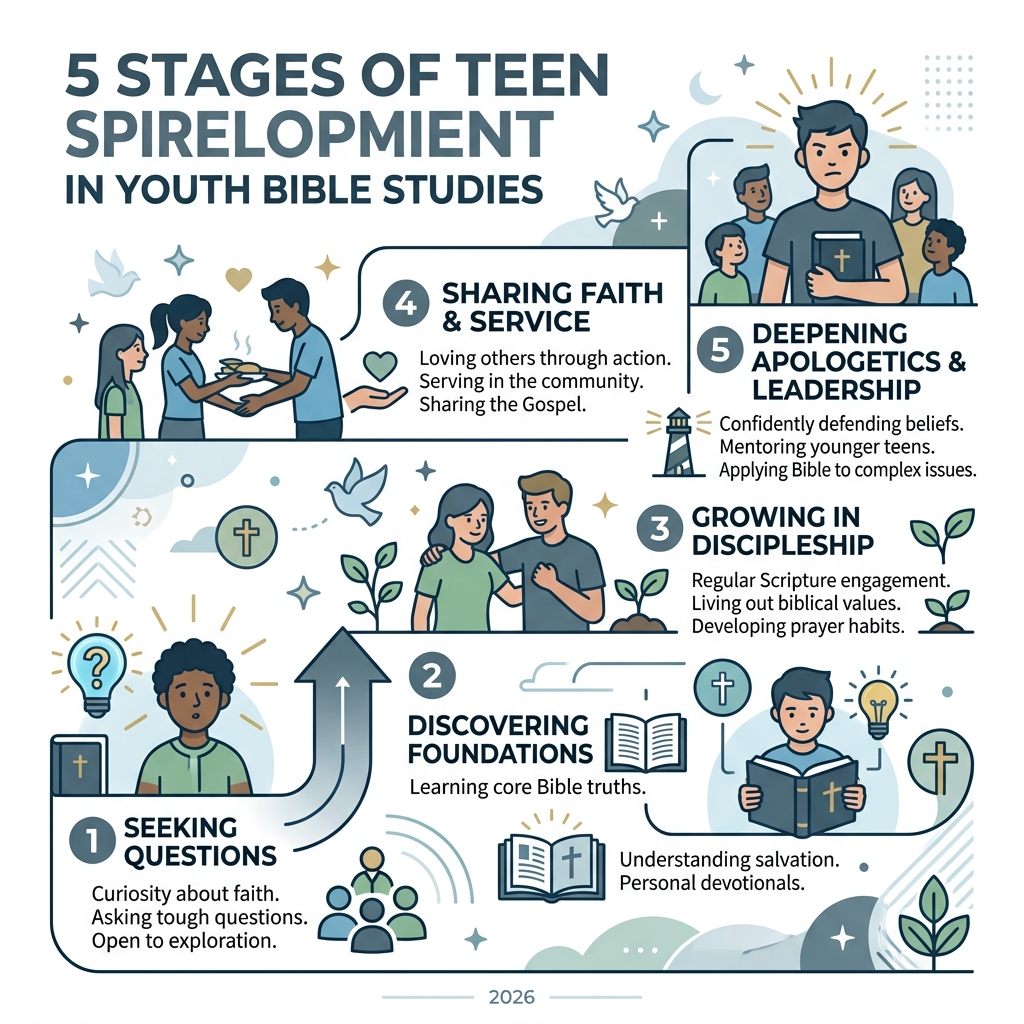 5 stages of teen spiritual development in youth Bible studies infographic - Youth Bible studies infographic 