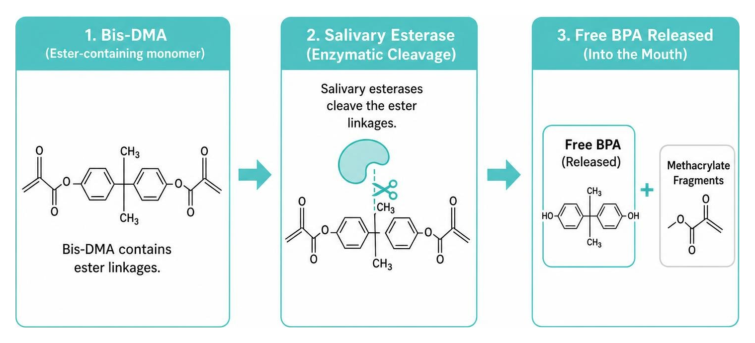 cause and effect chain showing salivary esterase breakdown of Bis-DMA into free BPA cause and effect chain showing salivary esterase breakdown of Bis-DMA into free BPA