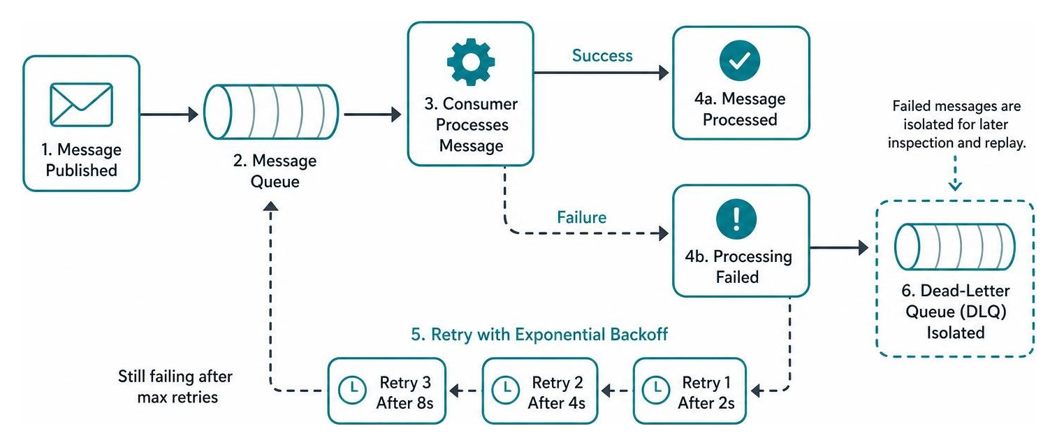 Dead-letter queue retry mechanics workflow showing message failures, exponential backoff retries, and dead-letter queue