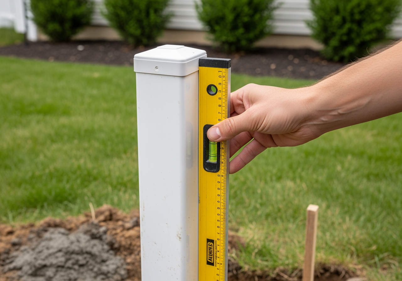 post being set in concrete with a level against it - plastic fence installation