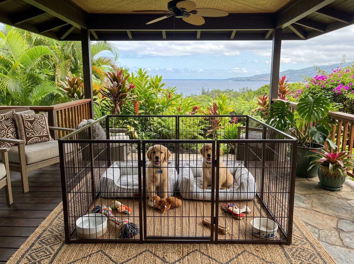 A well-organized puppy playpen on a shaded lanai with tropical ventilation - playpen training puppy A well-organized puppy playpen on a shaded lanai with tropical ventilation - playpen training puppy