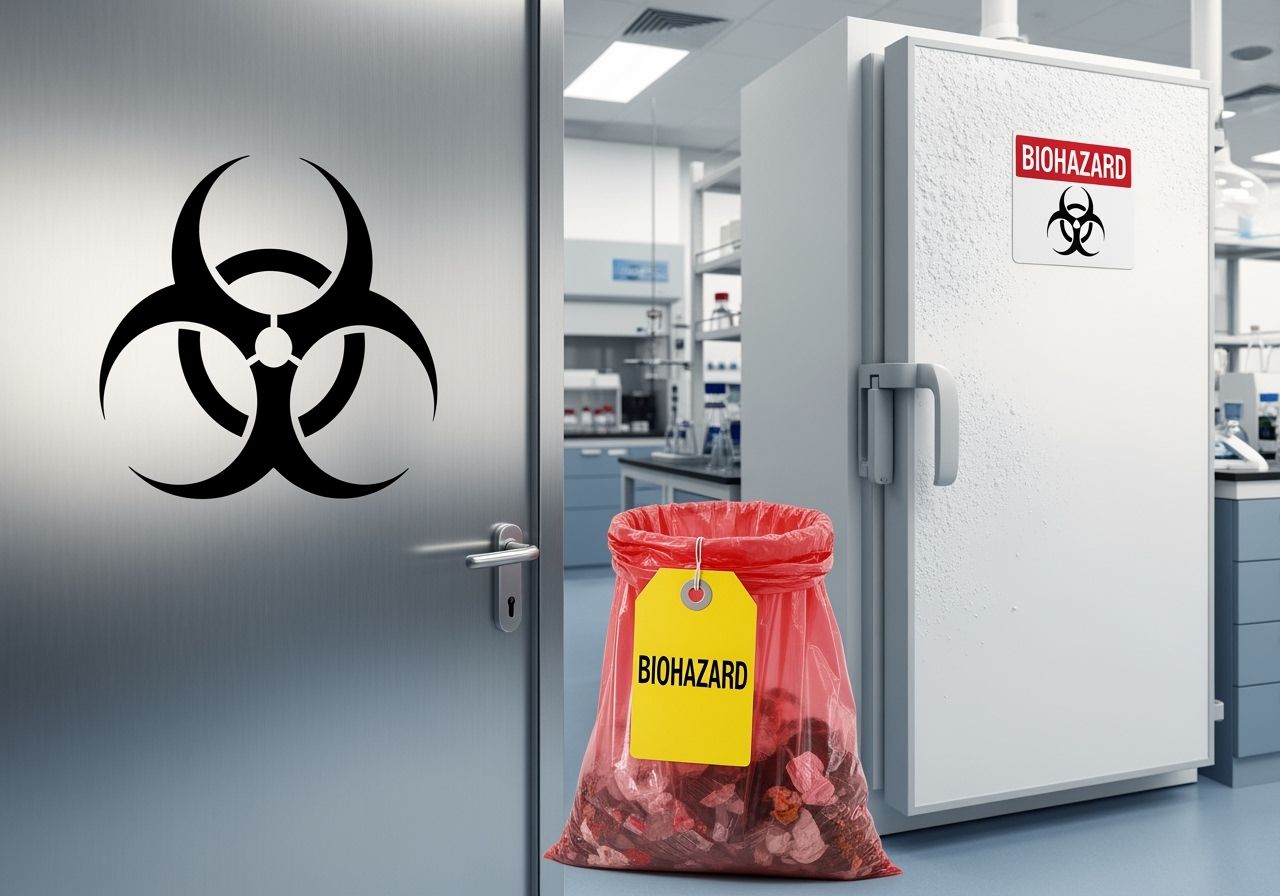 Variety of biohazard signs, including a large door sign, a small adhesive label on a freezer, and a tag on a waste bag. - Biohazard warning signs
