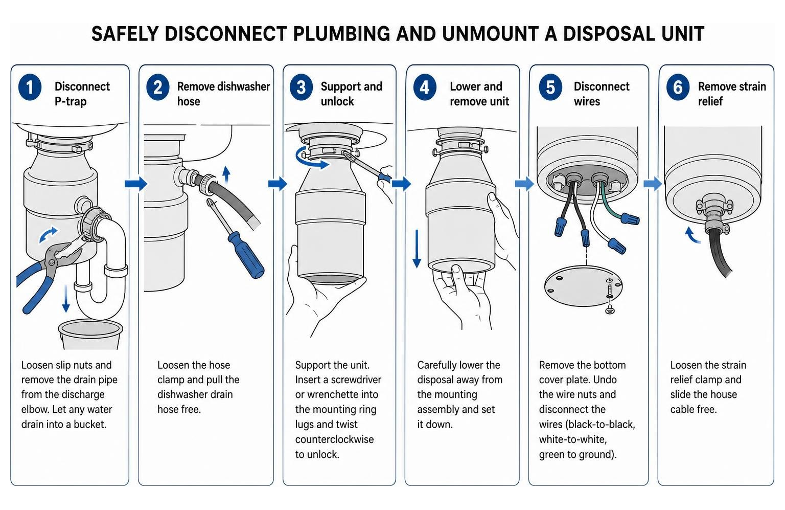 Diagram showing steps to safely disconnect plumbing and unmount a disposal unit Diagram showing steps to safely disconnect plumbing and unmount a disposal unit