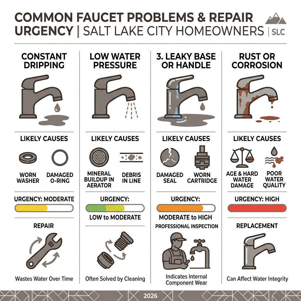Infographic showing common faucet problems, causes, and repair urgency levels for Salt Lake City homeowners - faucet repair