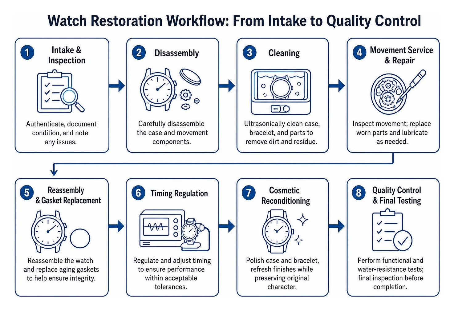 Watch restoration workflow from intake to quality control