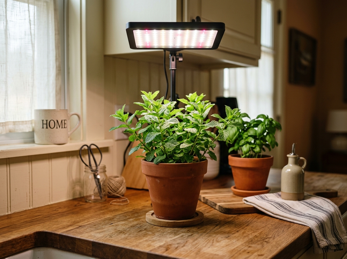 A simple kitchen counter herb setup with mint under a small LED panel - indoor mint growing without sun A simple kitchen counter herb setup with mint under a small LED panel - indoor mint growing without sun