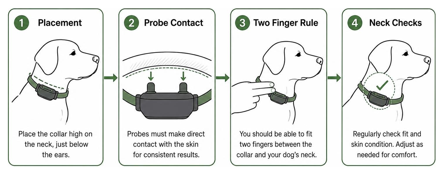 Collar fitting process diagram showing placement, probe contact, two finger rule, and neck checks Collar fitting process diagram showing placement, probe contact, two finger rule, and neck checks