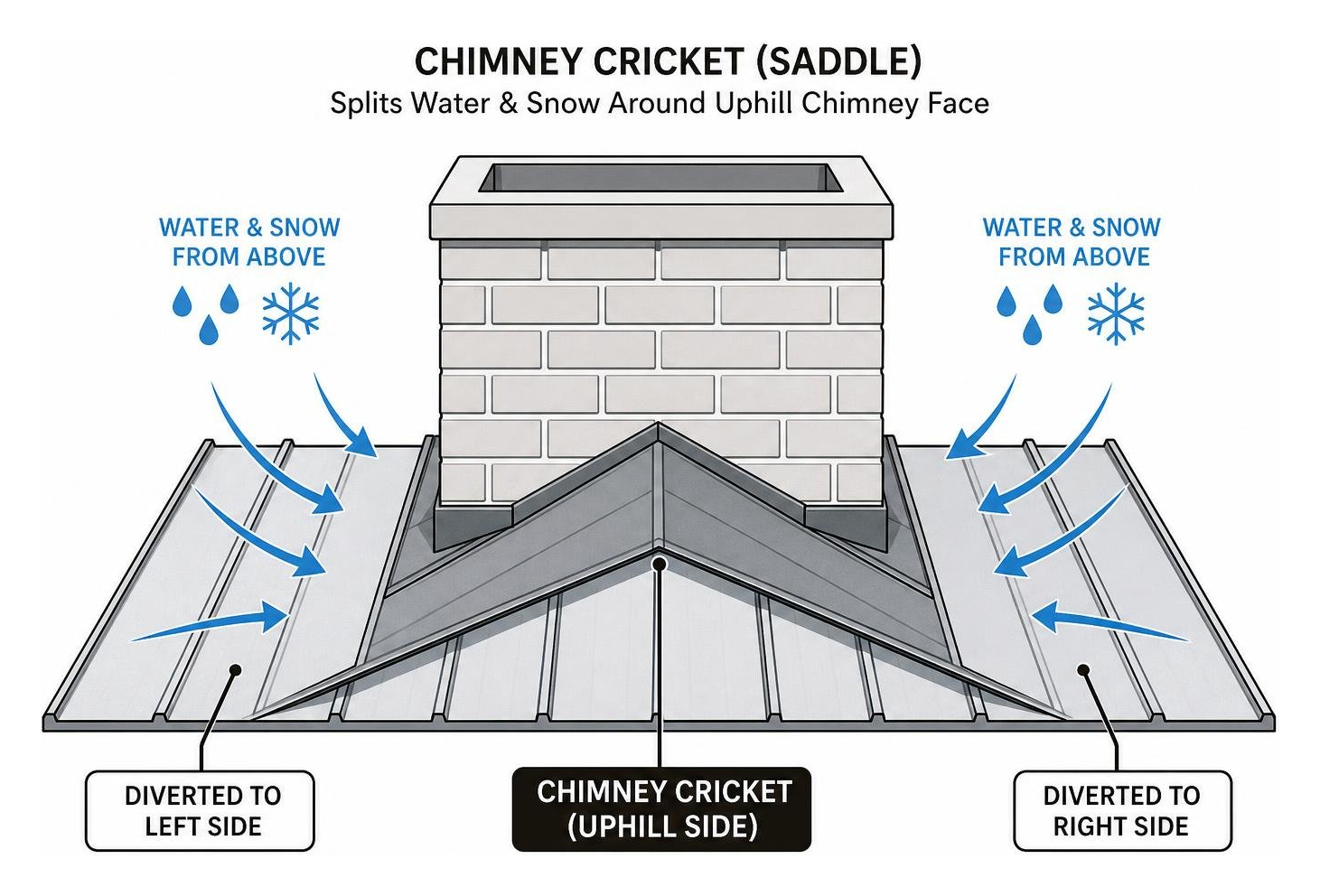Diagram showing chimney cricket splitting water and snow around uphill chimney face Diagram showing chimney cricket splitting water and snow around uphill chimney face