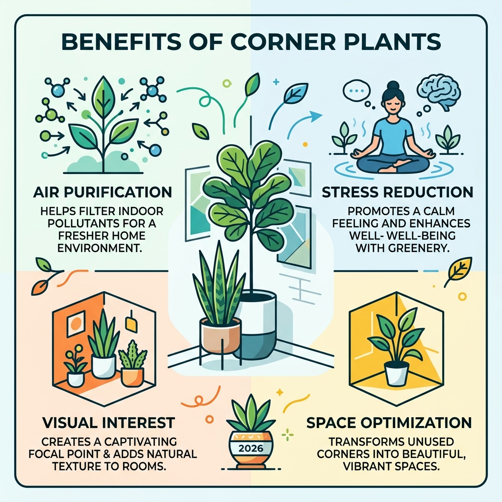 Benefits of corner plants infographic: air purification, stress reduction, visual interest, space optimization - indoor Benefits of corner plants infographic: air purification, stress reduction, visual interest, space optimization - indoor