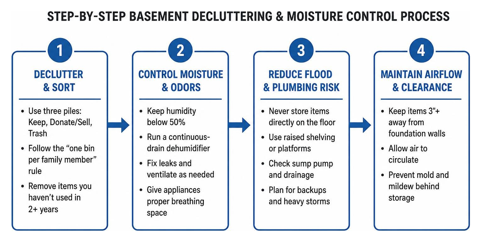 Step-by-step basement decluttering and moisture control process Step-by-step basement decluttering and moisture control process
