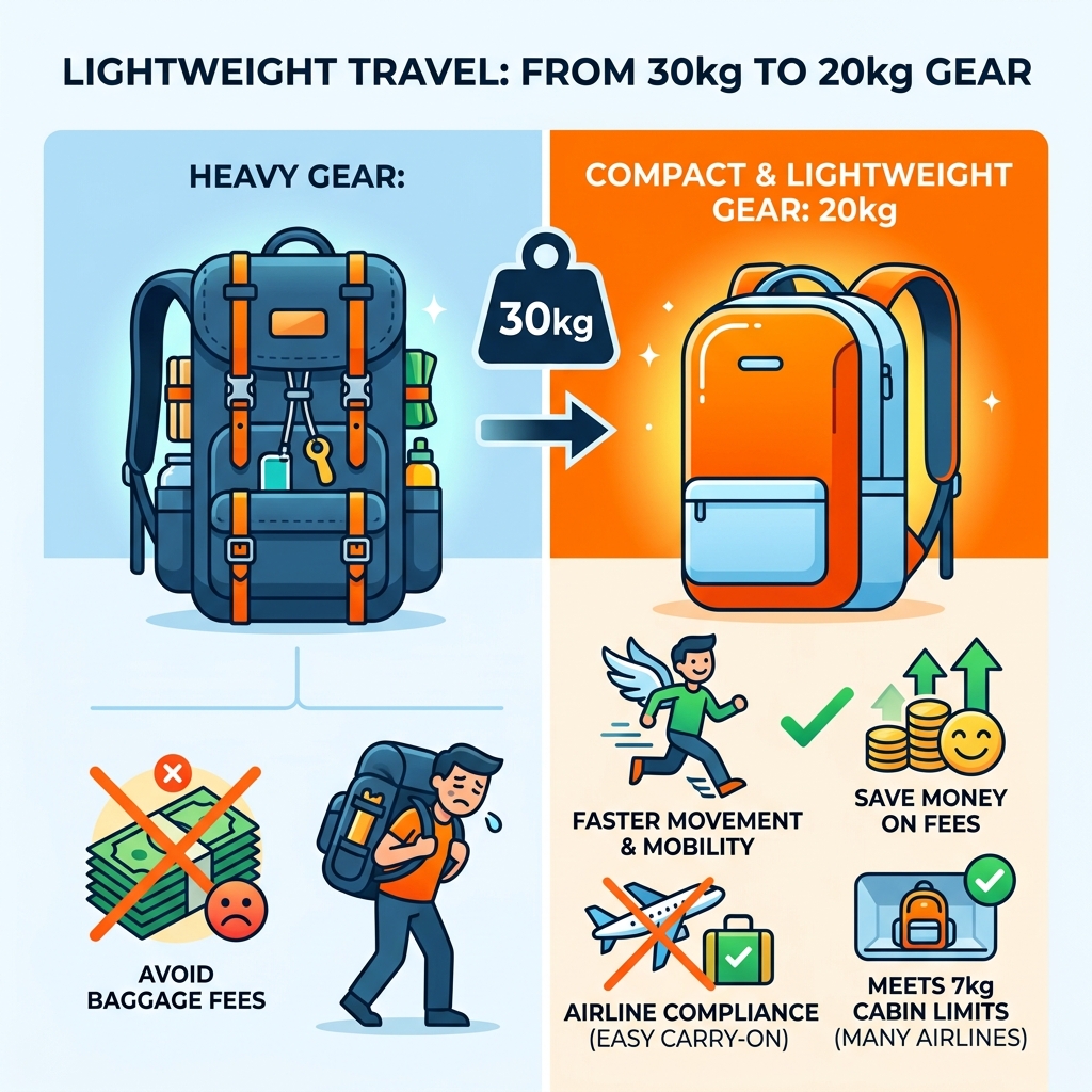 infographic showing gear weight reduction from 30kg to 20kg and benefits like saved fees, faster movement, and airline infographic showing gear weight reduction from 30kg to 20kg and benefits like saved fees, faster movement, and airline