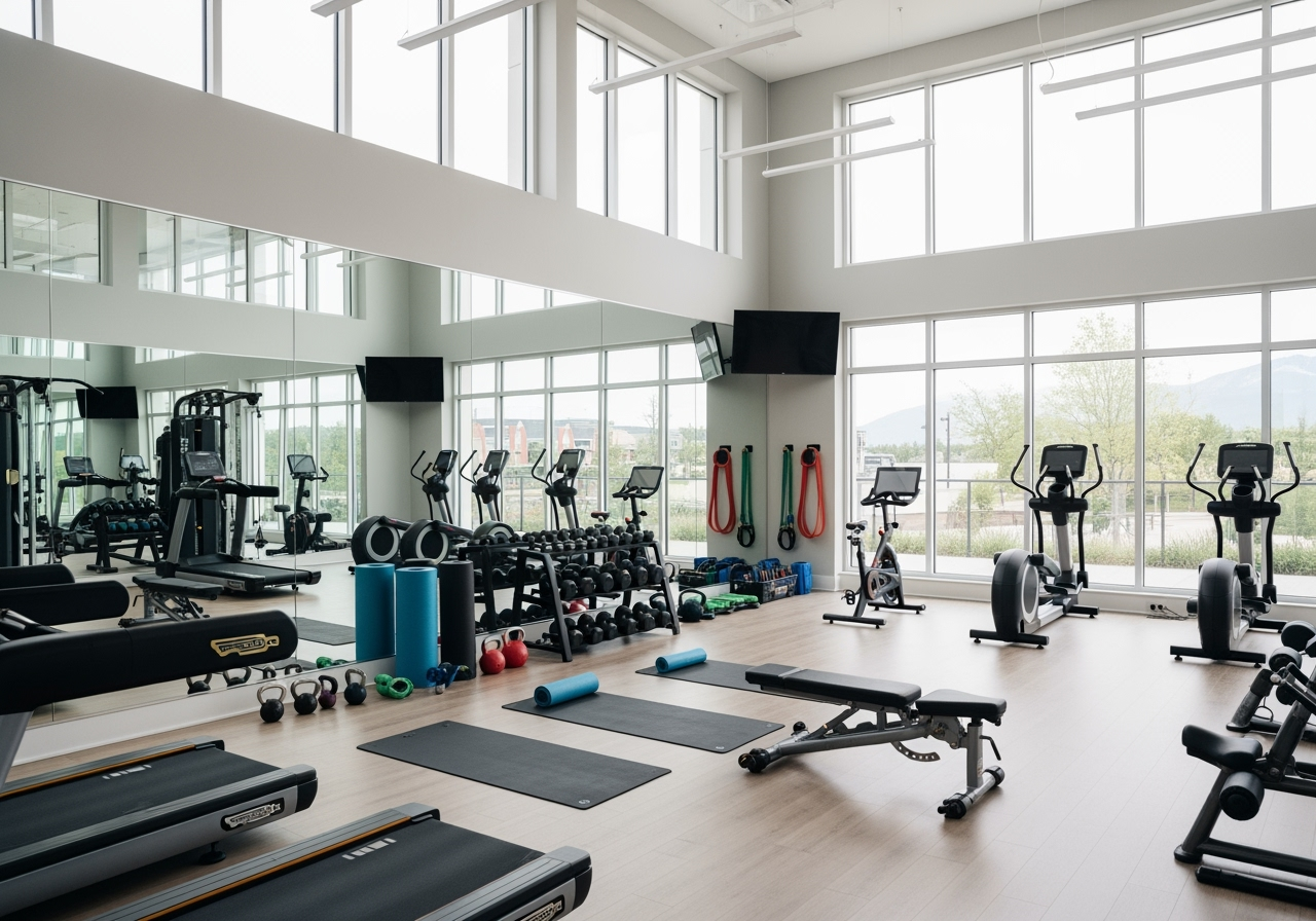 A well-equipped studio showing mirrors, proper flooring, and good lighting - Fitness studio for rent