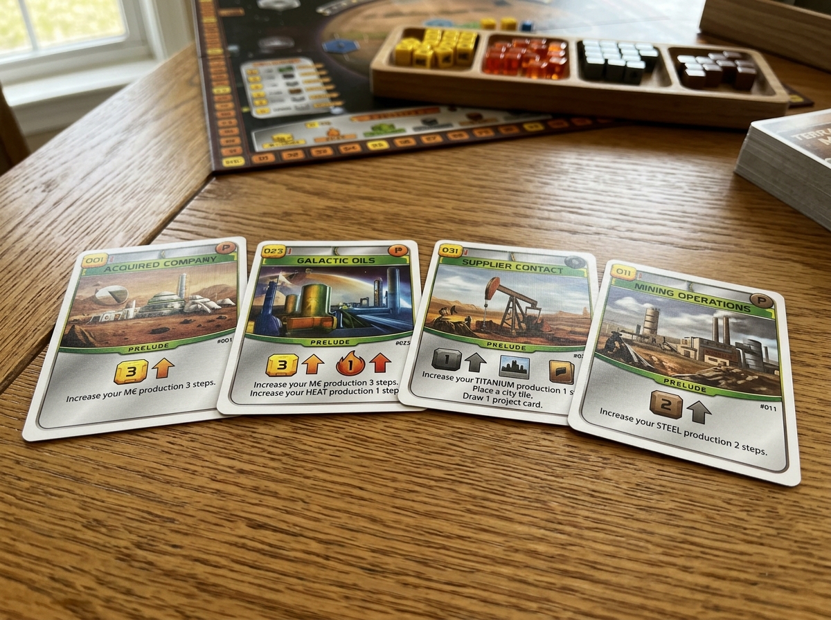 Close up of Prelude cards showing production boosts - best terraforming mars expansion