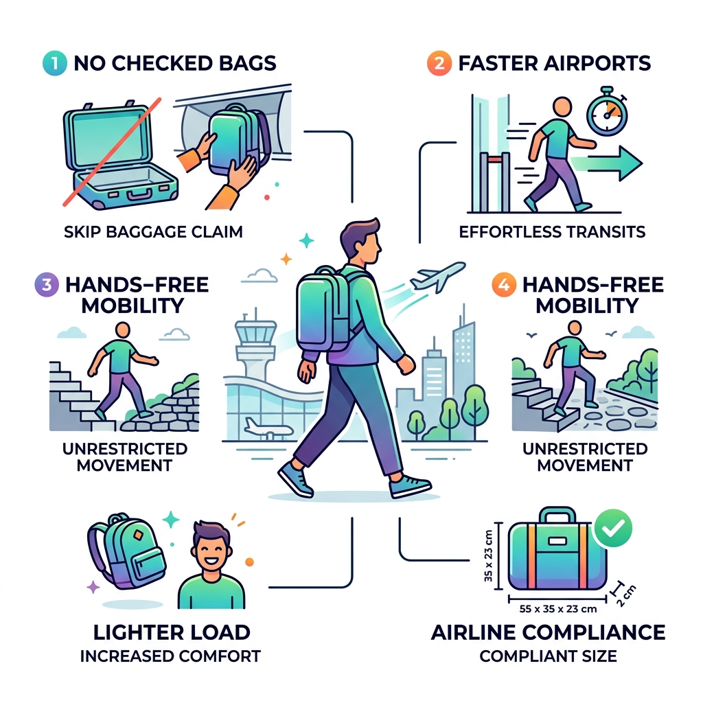 Benefits of minimalist carry-on travel: no checked bags, faster airports, hands-free mobility, lighter load, airline