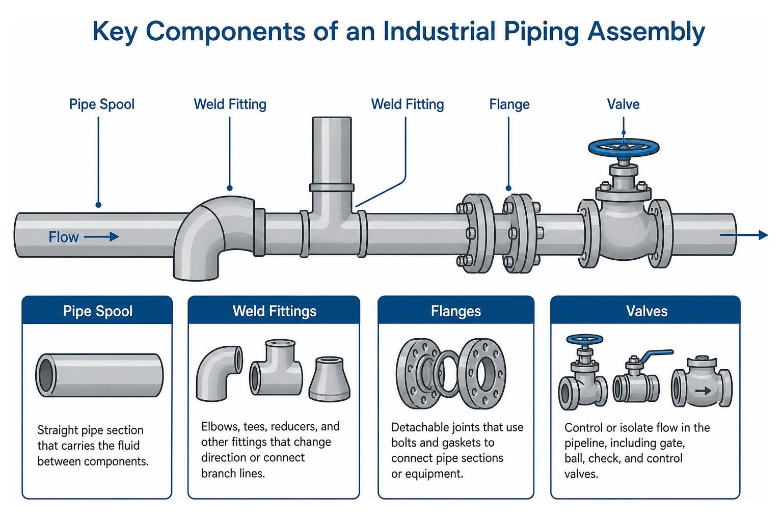 Key components of an industrial piping assembly showing pipe spools, weld fittings, flanges, and valves