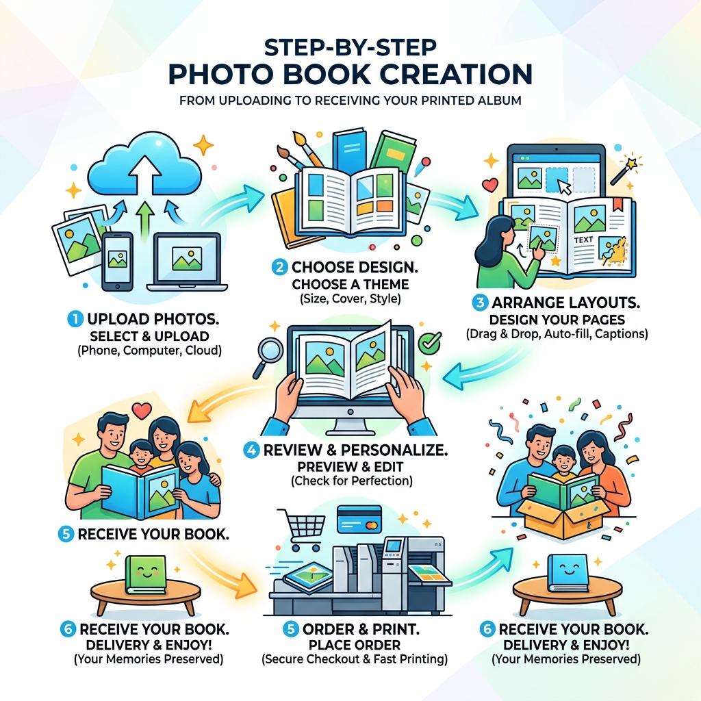 Step-by-step photo book creation workflow from uploading photos to receiving a printed book - photo album creator