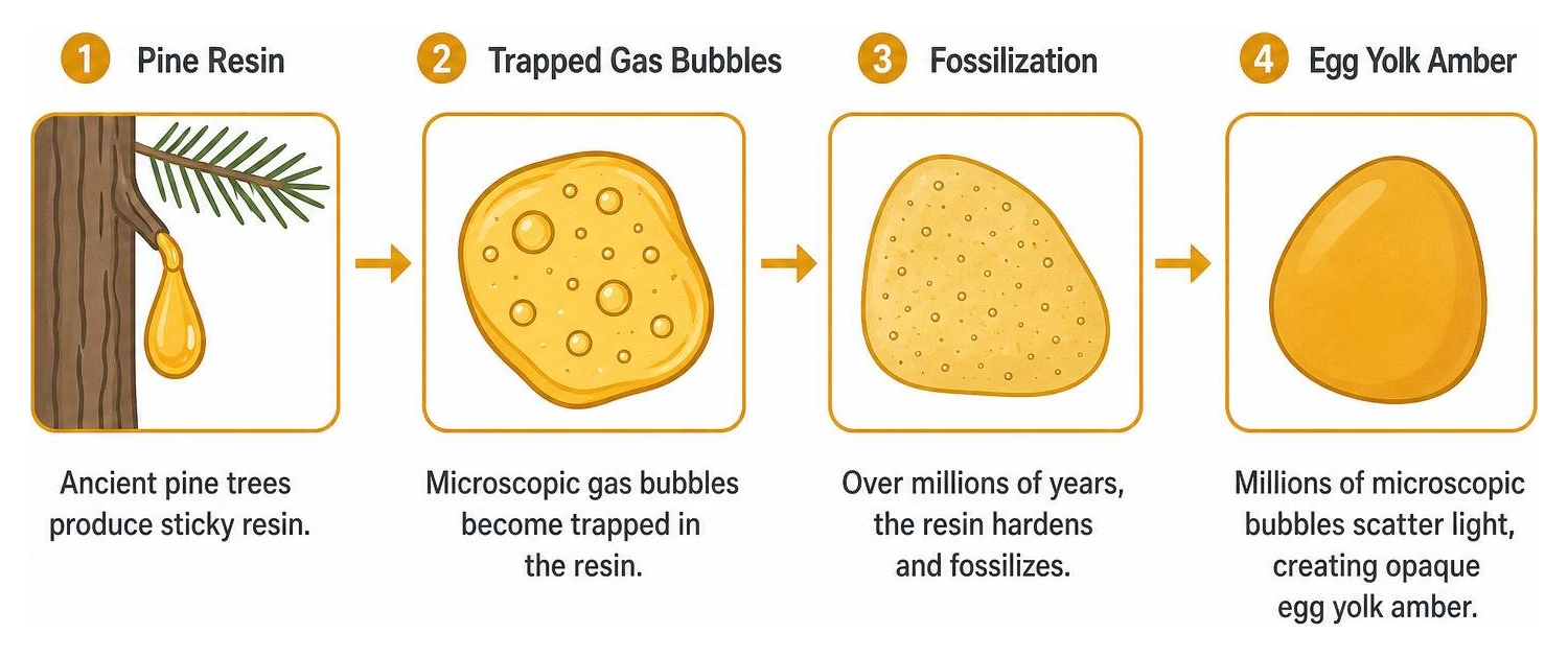 Process of amber formation from pine resin to microscopic gas bubbles to finished gemstone Process of amber formation from pine resin to microscopic gas bubbles to finished gemstone