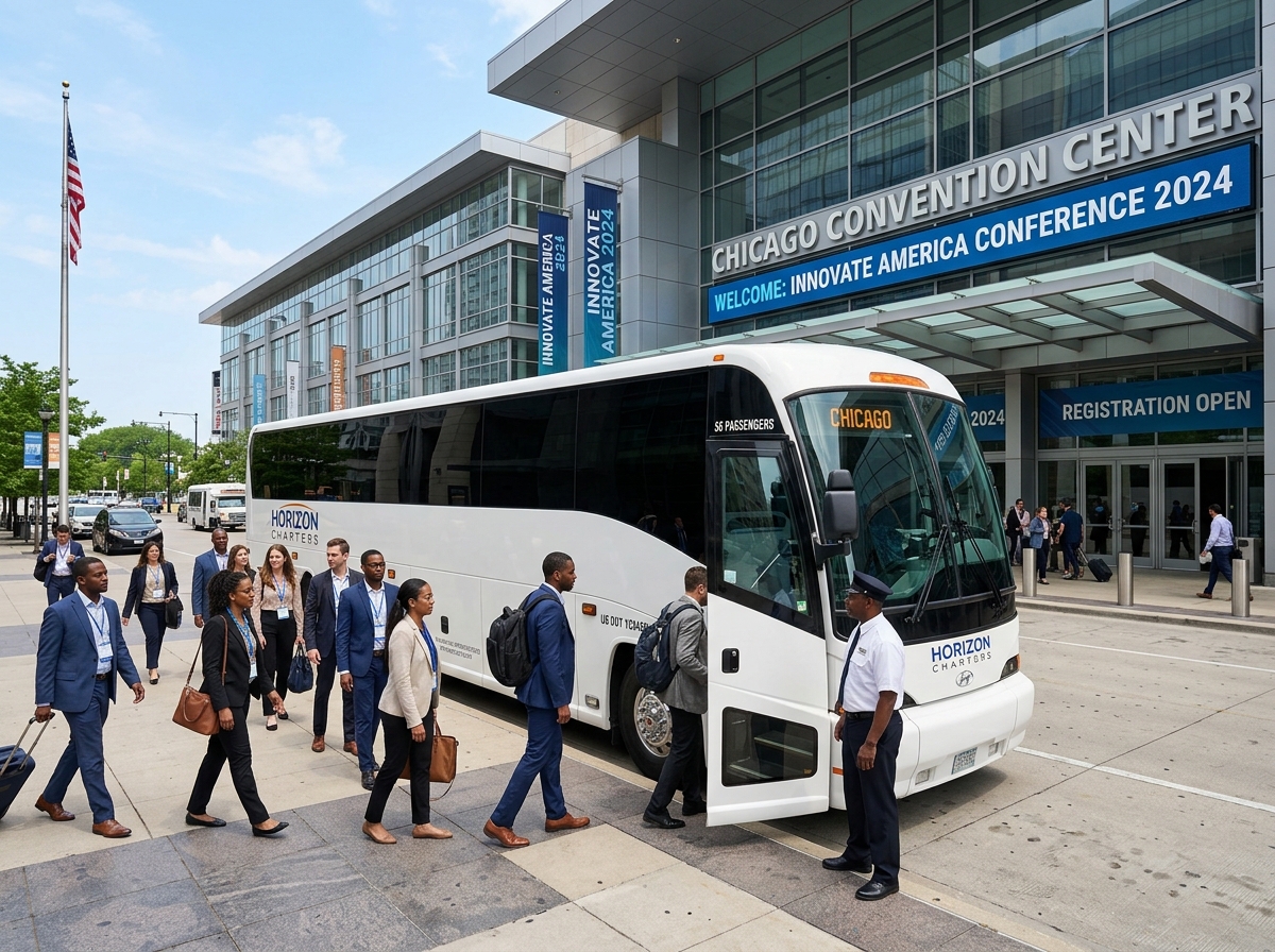 56 Passenger Motor Coach at a convention center - event planning and transportation