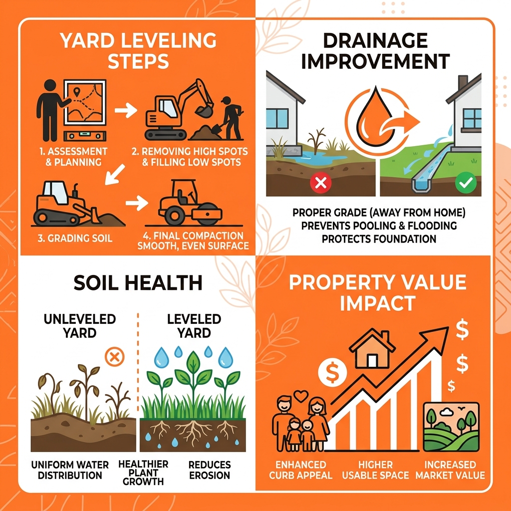 Infographic showing yard leveling steps, drainage improvement, soil health, and property value impact - yard leveling